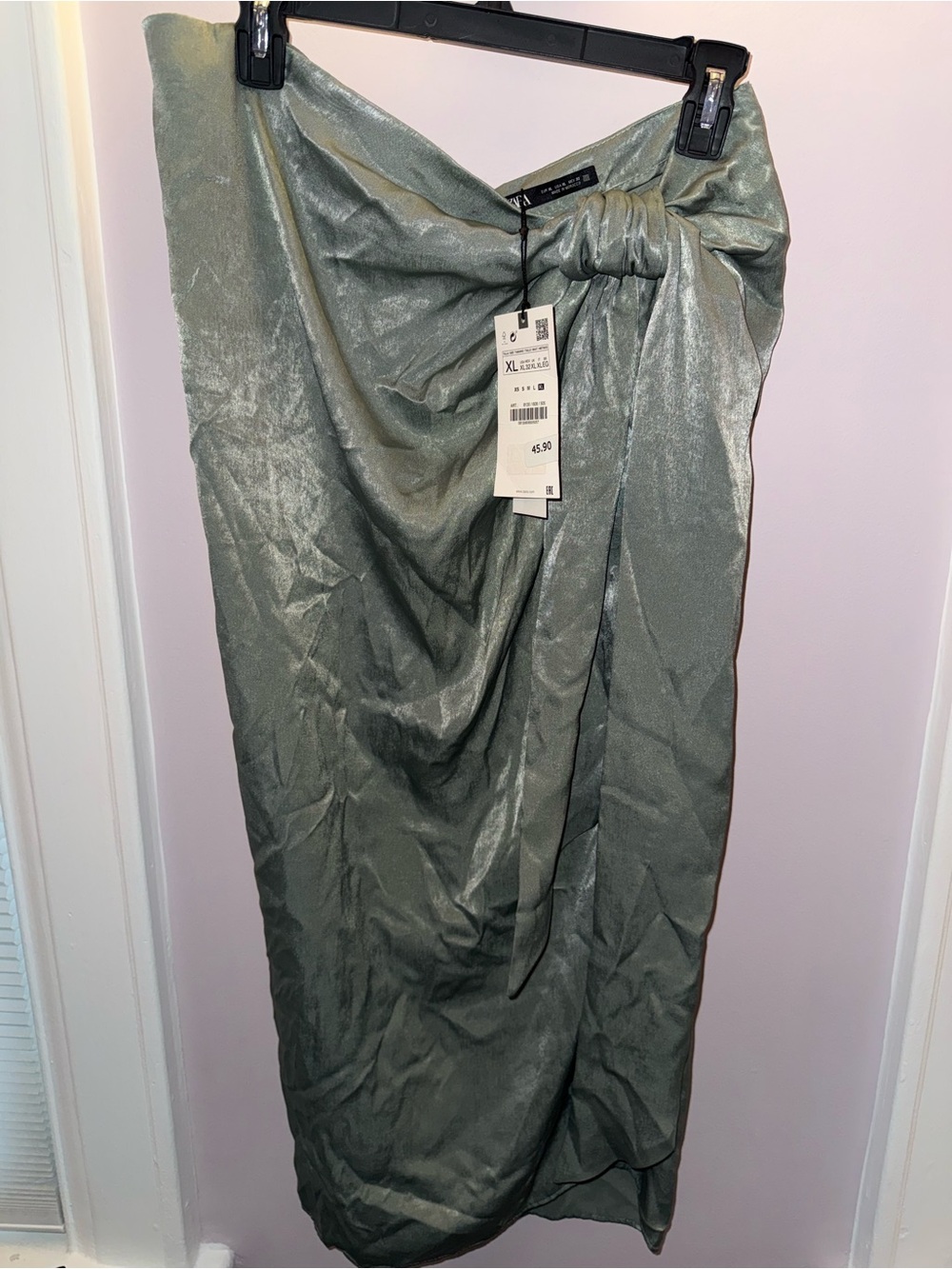 Zara Sage Green Satin Tie-Front Midi Skirt